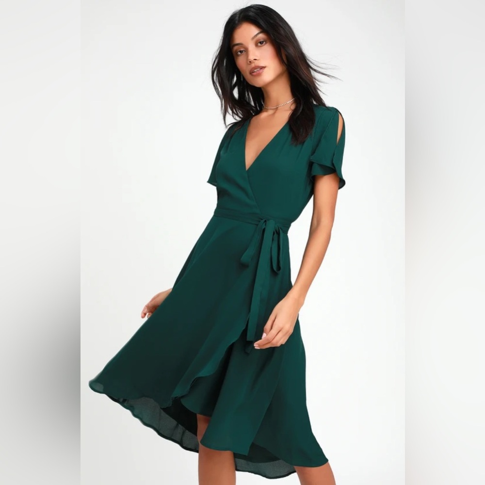 Lulu's Deep Green Asymmetrical Wrap Dress